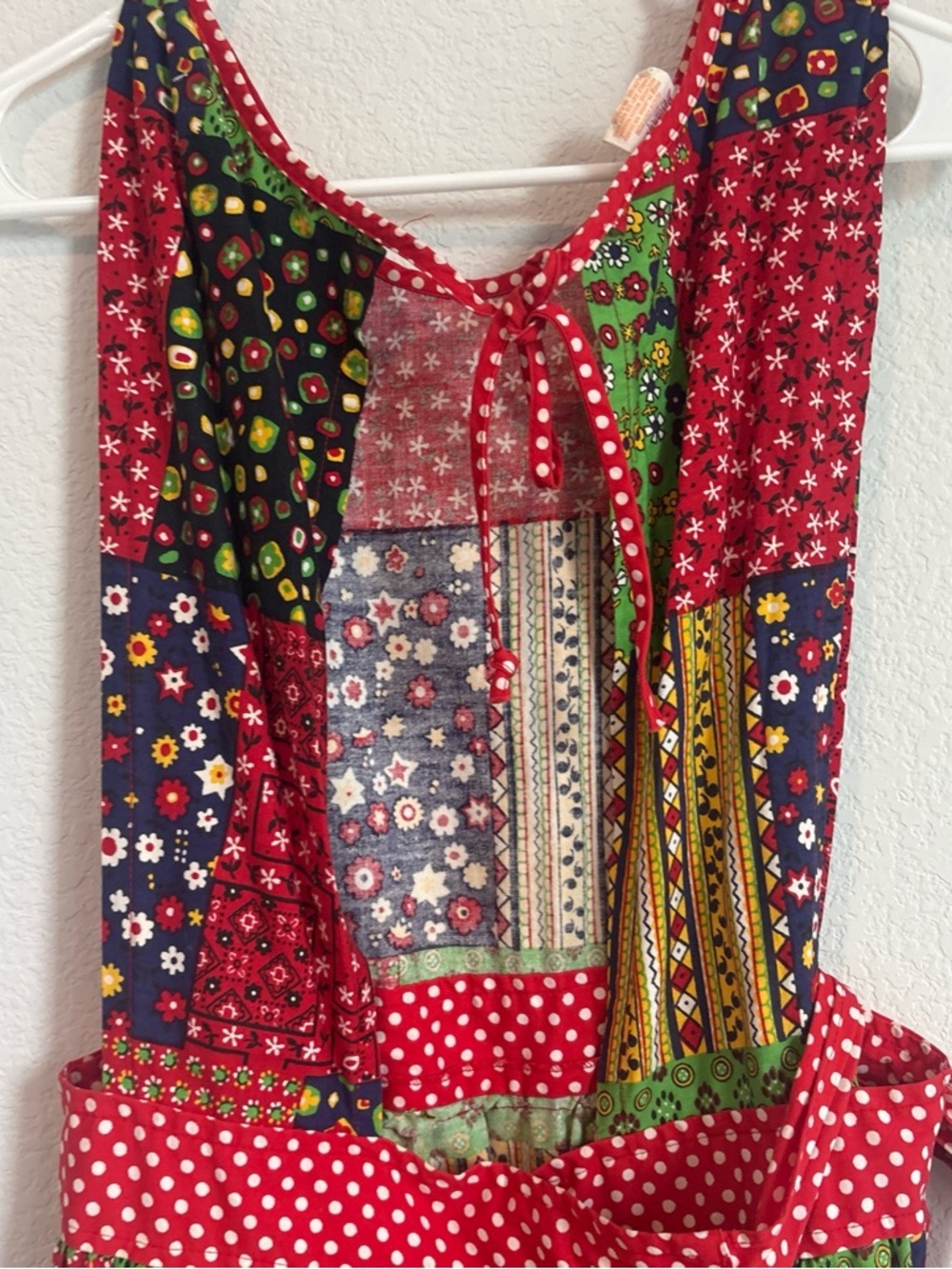Patchwork Pinafore Apron Dress in Red, Green, Navy - Picture 4 of 8